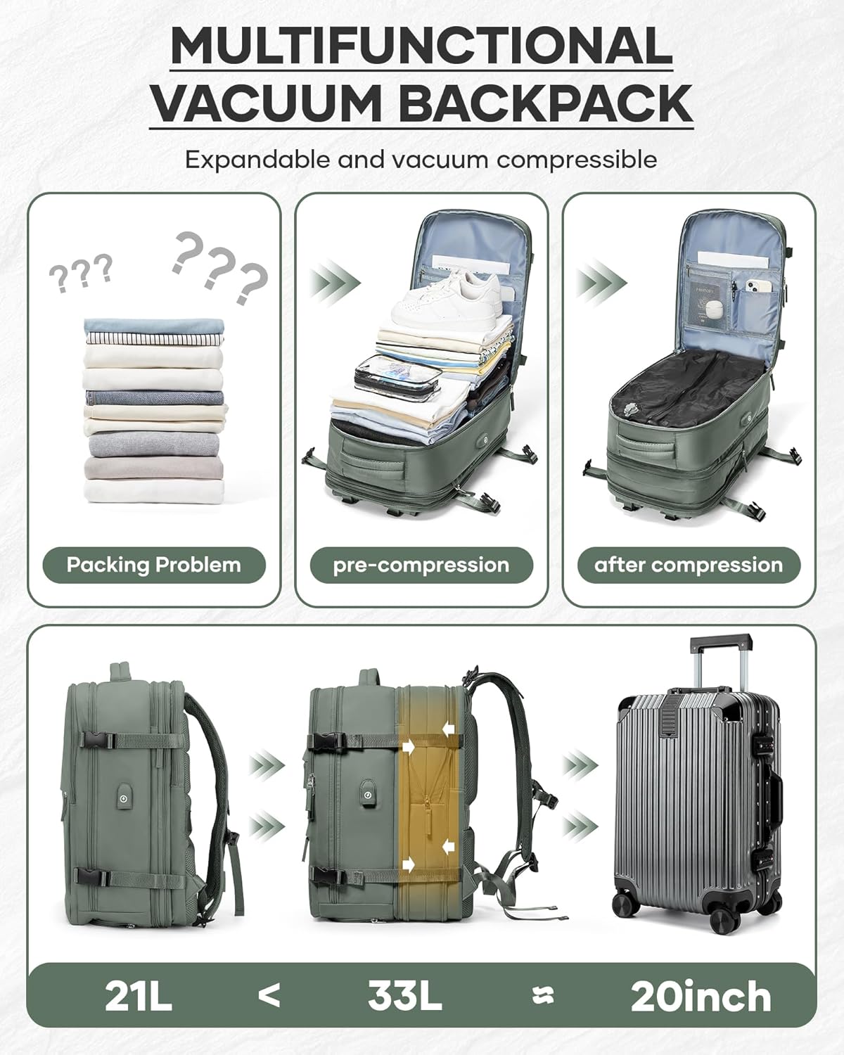 Vacuum Backpack With Vacuum Compression,Expanded Travel Laptop Backpacks For Women Men,Carry On Backpack Vacpack Backpacks With Pump Seal Packing, Personal Item Travel Bag Olive Green - Roamly