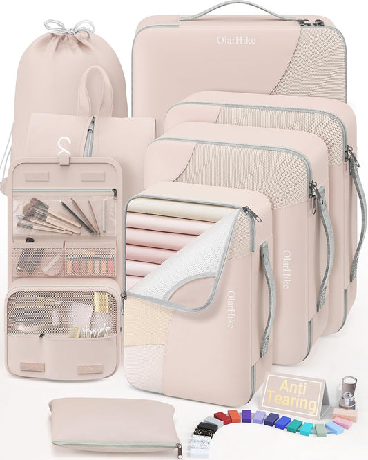 10 Set/8 Set Packing Cubes for Travel, Gifts for Women Mom,Anti-Tearing Suitcase Organizer for Luggage with Shoe & Hanging Toiletry Bag,OlarHike Vacation Essentials & Accessories for Cruise Ship,Cream - Roamly