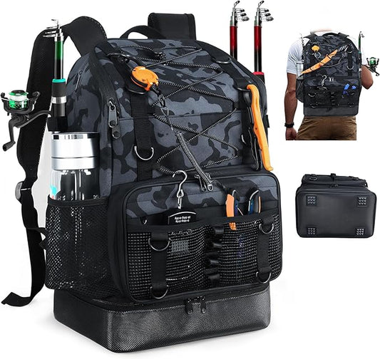 Fishing Backpack with Rod Holder, Heavy Duty Fishing Bag with Waterproof Bottom, Tackle Backpack Gifts for Man Woman-Black Camo