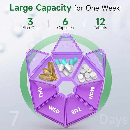 Weekly Pill Organizer, 2 Pack Portable Pill Box Medicine case 6 Colors (Seven Day) New Edition for Vitamin/Fish Oil/Pills/Supplements-Arthritis Friendly (Purple)