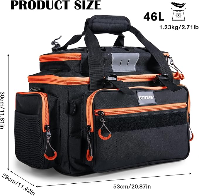 Goture Fishing Tackle Bag, Store Up to 4PCS 3700 Plus 2PCS 3600 Tackle Trays(Not Included), 600D Soft Side Gear Fishing Bag with Rod Straps,Detachable Water Bottle Pouch,Waterproof Bottom,SBS Zippers