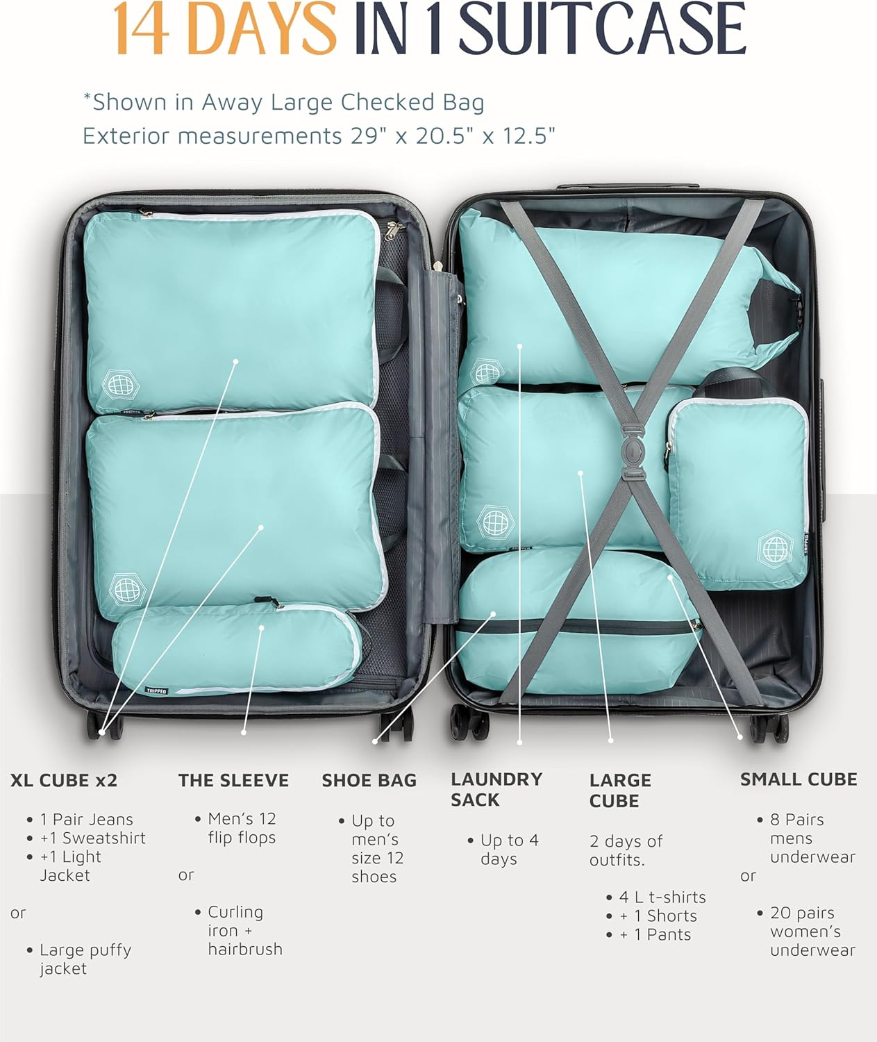 Large Compression Packing Cubes for Travel-Packing Cube Luggage Organizers 7 Piece Set for Checked Luggage-Ultralight, Expandable/Compression Bags by TRIPPED Travel Gear (DustyTeal/White) - Roamly
