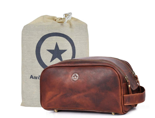 10" Premium Leather Toiletry Travel Pouch With Waterproof Lining | King-Size Handcrafted Vintage Dopp - Kit Gift for Father's Day By Aaron Leather Goods - Roamly