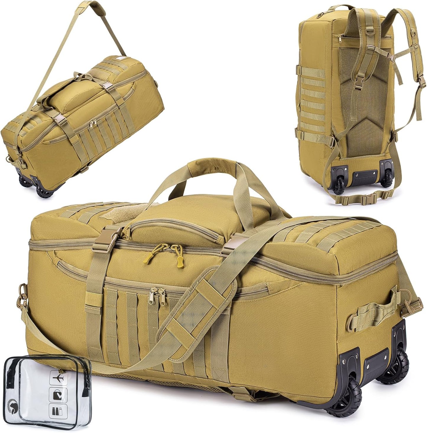 KSIBNW Rolling Duffel Bag with Wheels and Handle, 4 In 1 Tactical 86L Military Backpack with Hidden Straps,Waterproof Wheeled Large Duffle Bag for Travel,Durable MOLLE Luggage for Men & Women, Khaki - Roamly