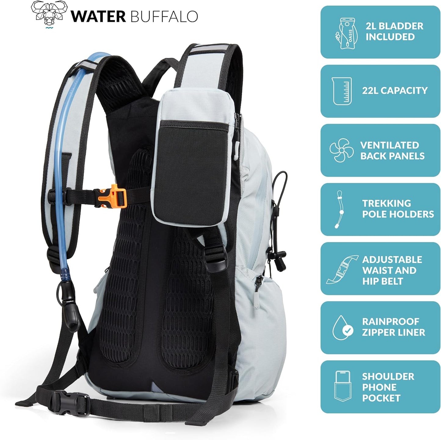 Water Buffalo Hydration Backpack - Sherpa 22L Hiking Backpack with Water Bladder - Water Backpack for Hiking with Waterproof Zippers, Phone & Pole Holders - Roamly