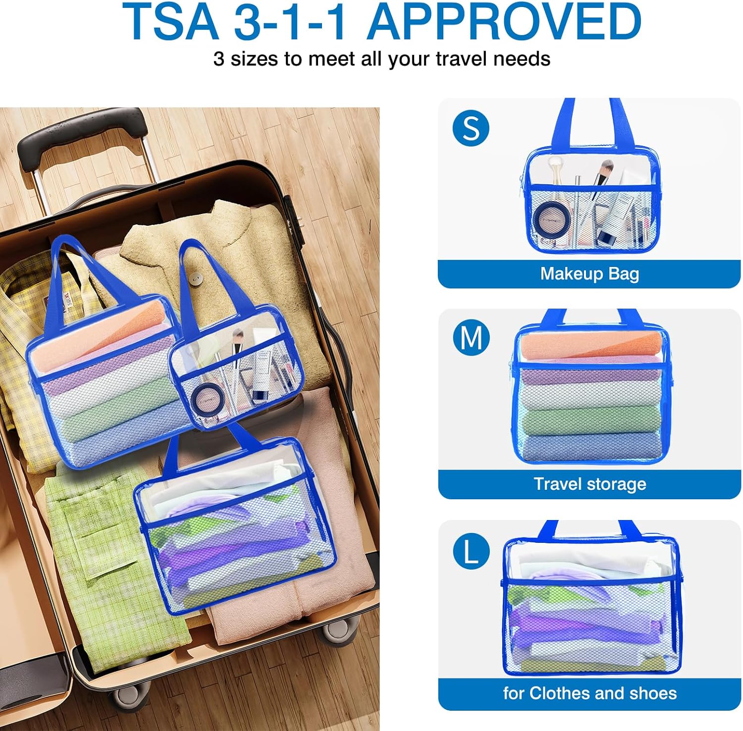 XEWEA Clear Travel Toiletry Bags, 3 Pack TSA Approved Transparent Makeup Bag for Men Women, Large Waterproof PVC Quart Organizer with Zipper for Toiletries Airline Essentials,Toy Storage Pouch Blue - Roamly
