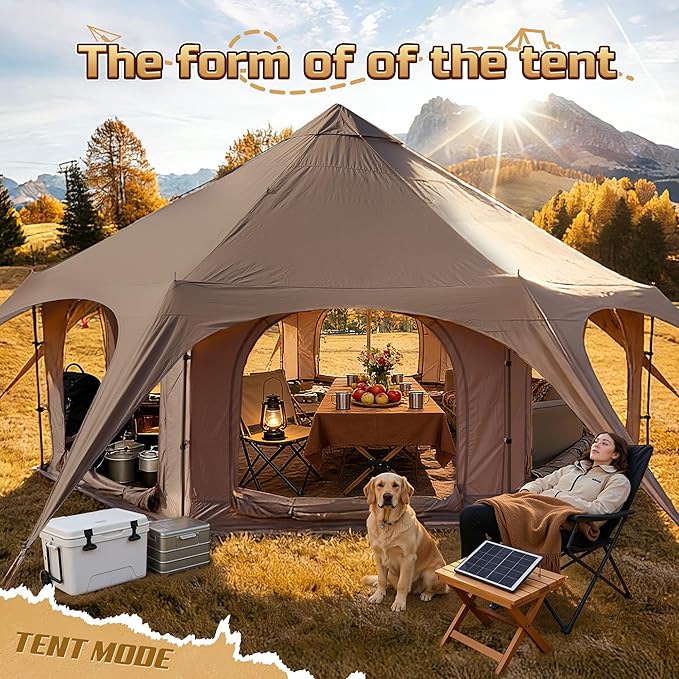 16.5ft Canvas Bell Tent, Large Yurt Tent with Stove Jack for Camping & Glamping, 55" High Walls, Maximum Space, Waterproof 4 Season Hot Tent with 8 Mesh Windows & Removable Floor