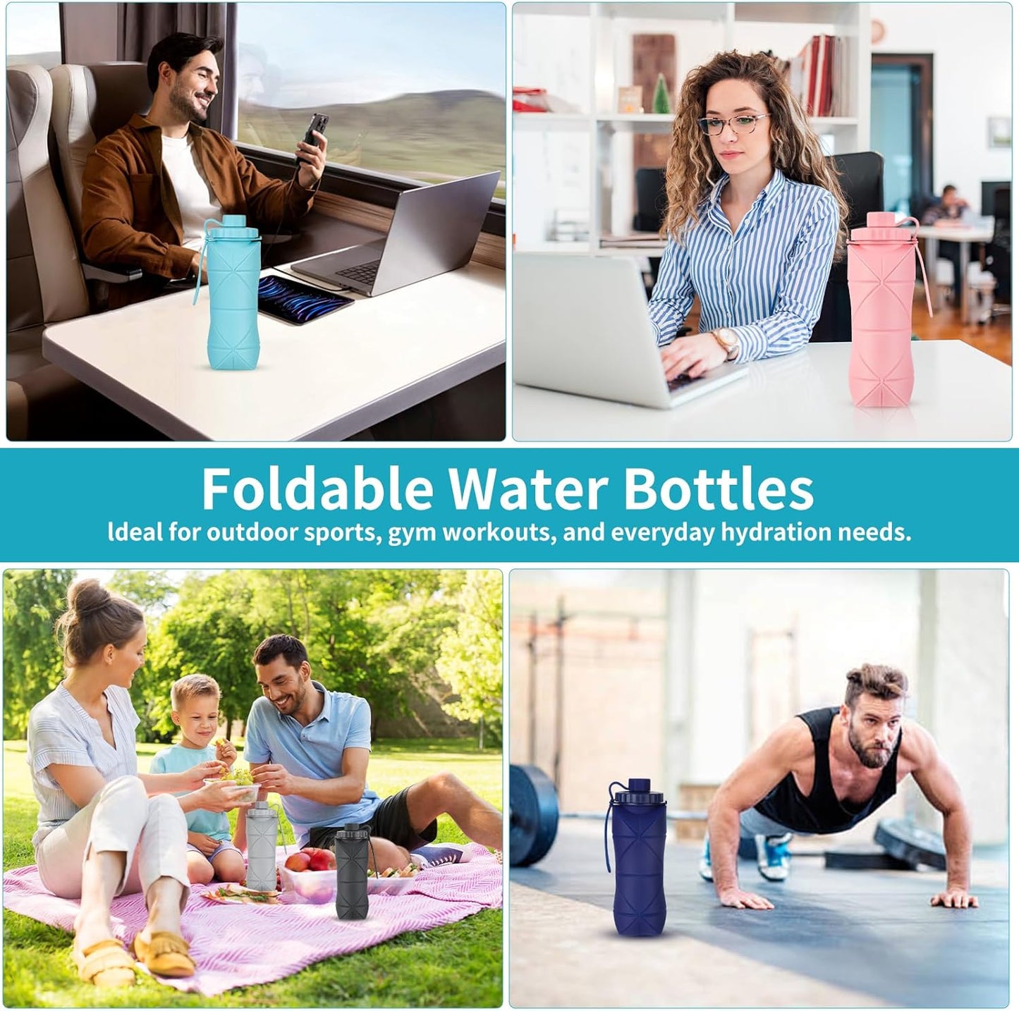Silicone Collapsible Water Bottles,Lightweight Reusable Leakproof For Traveling Camping Hiking Cycling Sports Outdoor,Foldable Portable Travel Water Bottle 600ML Dark Blue And Pink 2Pack.