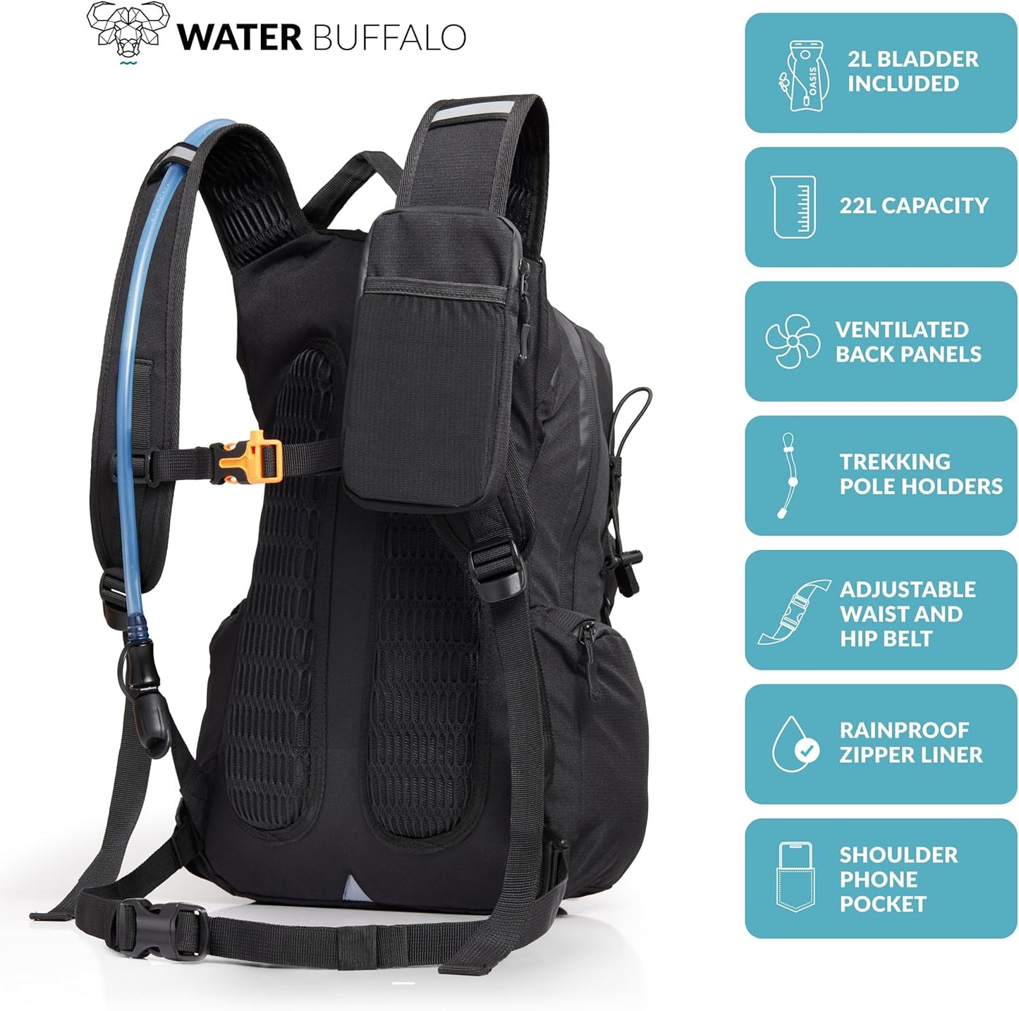 Water Buffalo Hydration Backpack - Sherpa 22L Hiking Backpack with Water Bladder - Water Backpack for Hiking with Waterproof Zippers, Phone & Pole Holders - Roamly