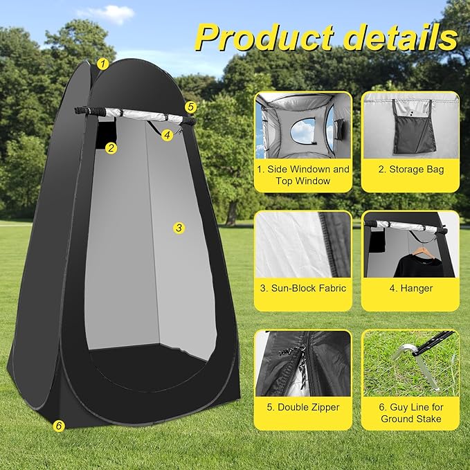 Pop Up Shower Tent for Camping, Portable Outdoor Privacy Shower Tent with 6000mAh Rechargeable Shower