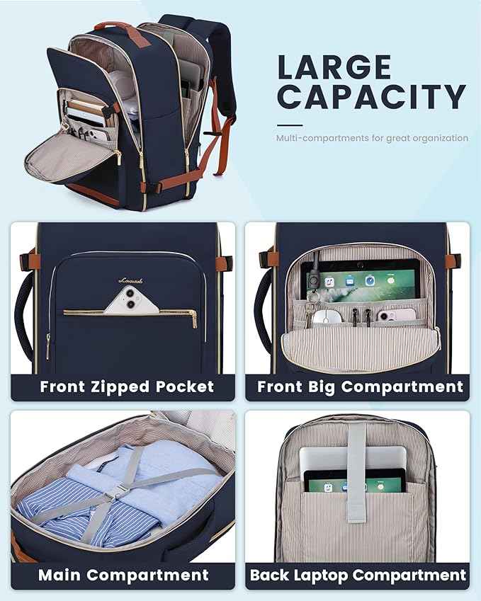 LOVEVOOK Travel Backpack for Women & Men 40L,Airline Approved Carry On Backpack Travel Essentials,TSA Carry on Luggage,Waterproof Personal Item Travel Bag,Suitcase with 3 Packing Cubes,Dark blue-Brown