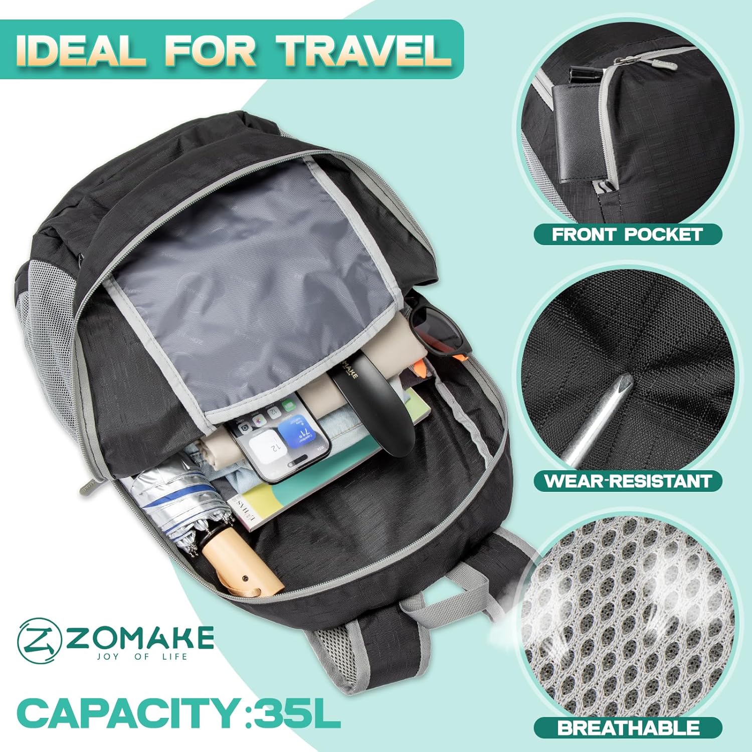 ZOMAKE Lightweight Packable Backpack 35L, Light Foldable Backpacks Water Resistant Collapsible Hiking Bag, Compact Folding Day Pack for Travel Camping(Graphite black) - Roamly
