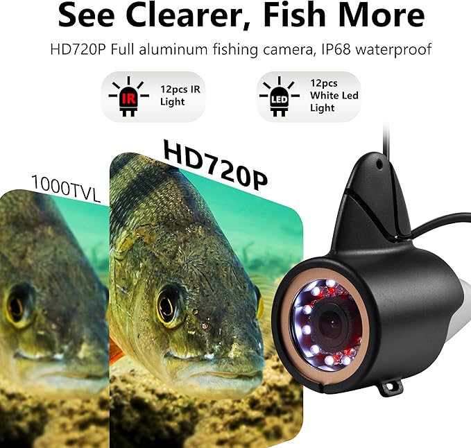 Underwater Fishing Camera FishPRO® HD720P - w/DVR-External 32GB Card, 7'' Ice Fishing Camera [Aluminum Box], Fish Finder Ice Fishing Gifts for Men, 12pcs IR +12pcs LED, 4,500mAh Li-Battery, 65ft Cable