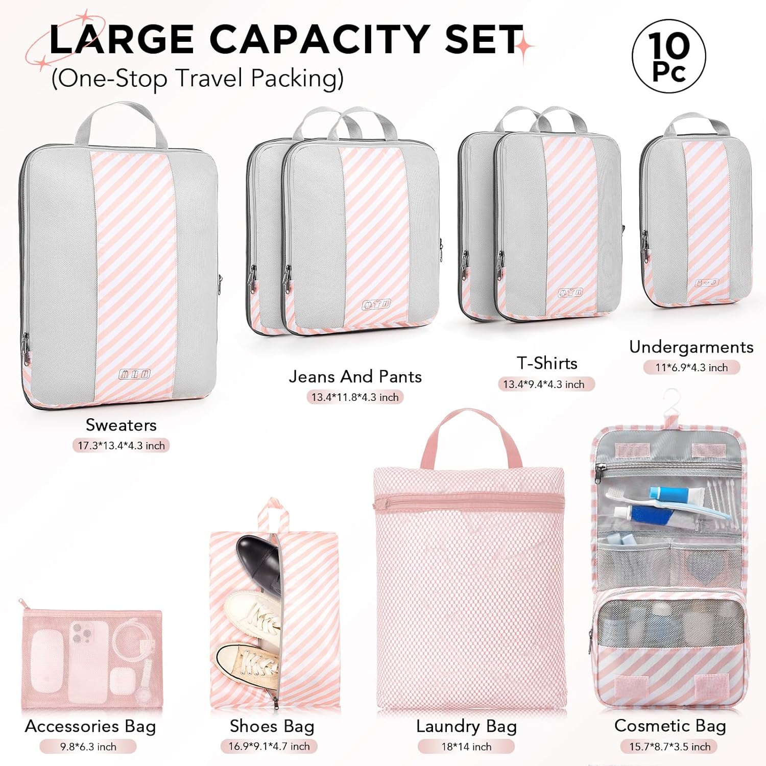 10 Set Compression Packing Cubes for Travel Essentials,Compressible Expandable Packing Cubes for Suitcase,OlarHike Luggage Organizer Bags for Travel,Handy Helper for Organizing Clothes(Pink Stripped) - Roamly