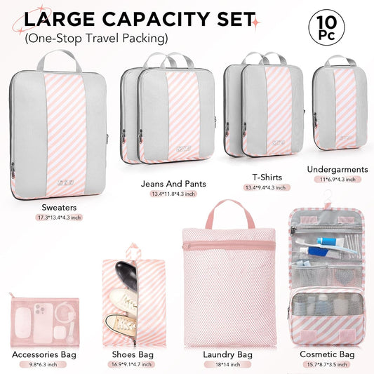 10 Set Compression Packing Cubes for Travel Essentials,Compressible Expandable Packing Cubes for Suitcase,OlarHike Luggage Organizer Bags for Travel,Handy Helper for Organizing Clothes(Pink Stripped) - Roamly