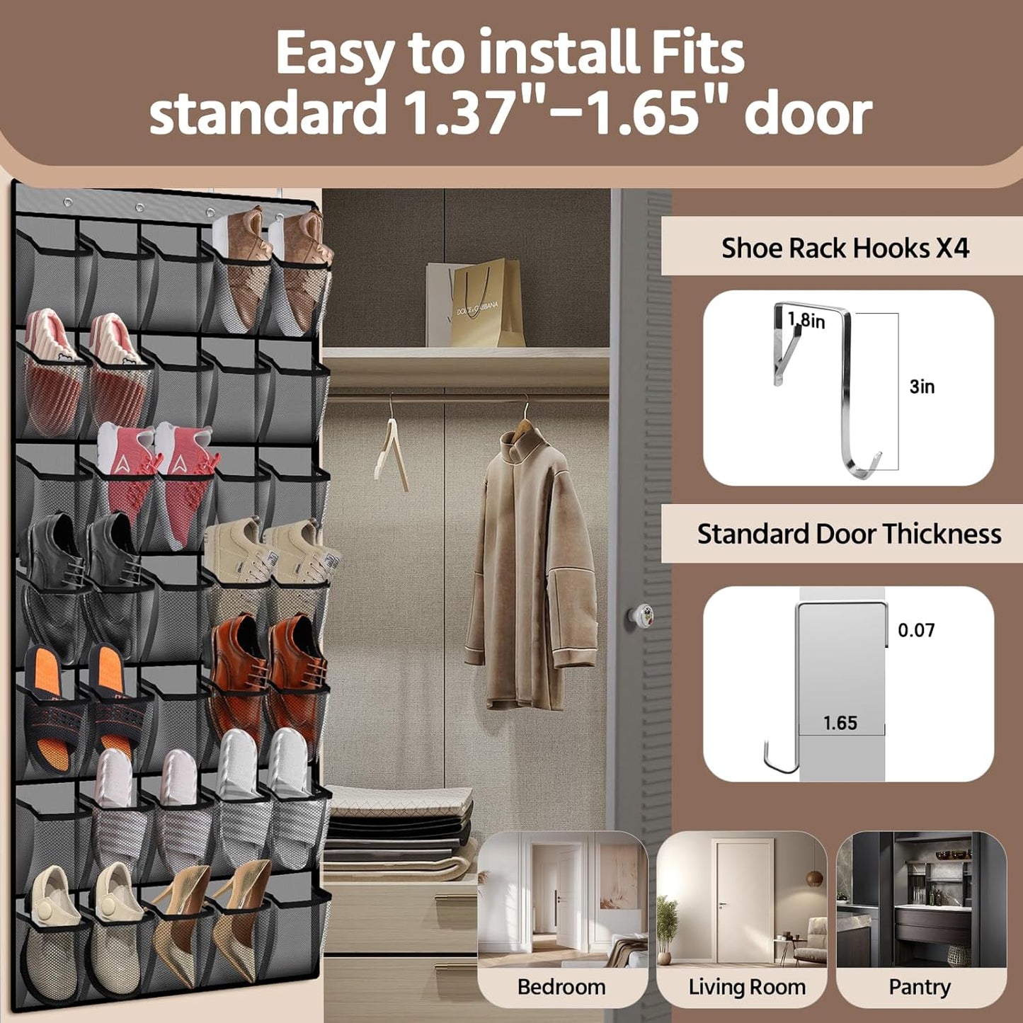 35 Pocket Over the Door Shoe Organizer,Reusable Breathable Large Mesh Bag Men's & Women's Sneaker Organizer,Shoe Organizer for Kids,Hanging Shoe Storage Hanging Bag (Gray)
