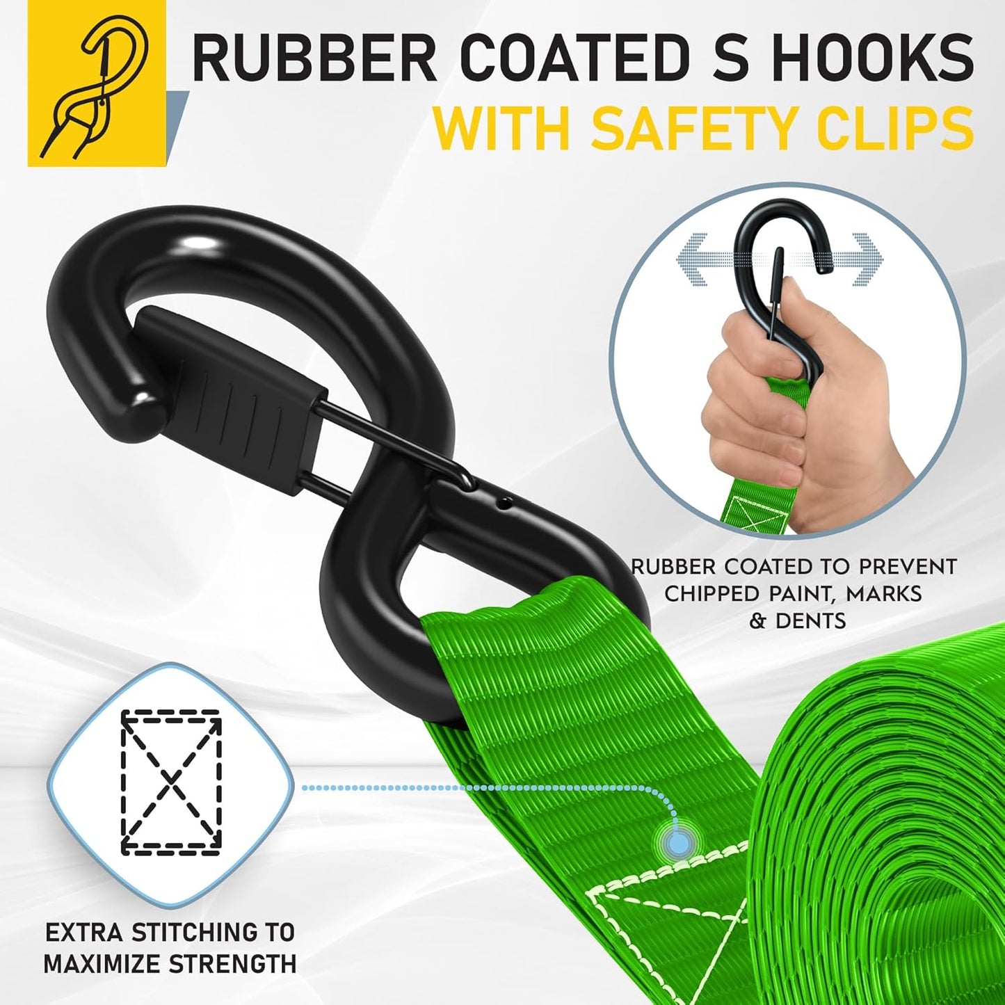 AUGO Heavy Duty Ratchet Straps & Soft Loops – Pack of 4 Extra Strong 1.5” by 15’ Ratchet Straps w/S-Hook Safety Latches & 4 Soft Loop Tie Downs – 4400Lb Break Strength for Motorcycles, ATVs, Etc.