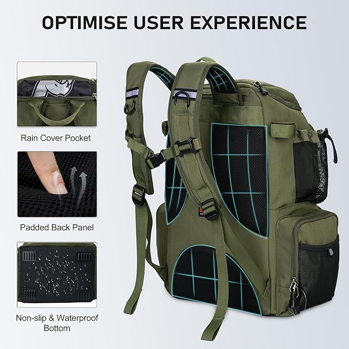 N NEVO RHINO Fishing Tackle Backpack with Rod Holders, 40L Large Fishing Bag with Waterproof Rain Cover,Outdoor Tackle Bag