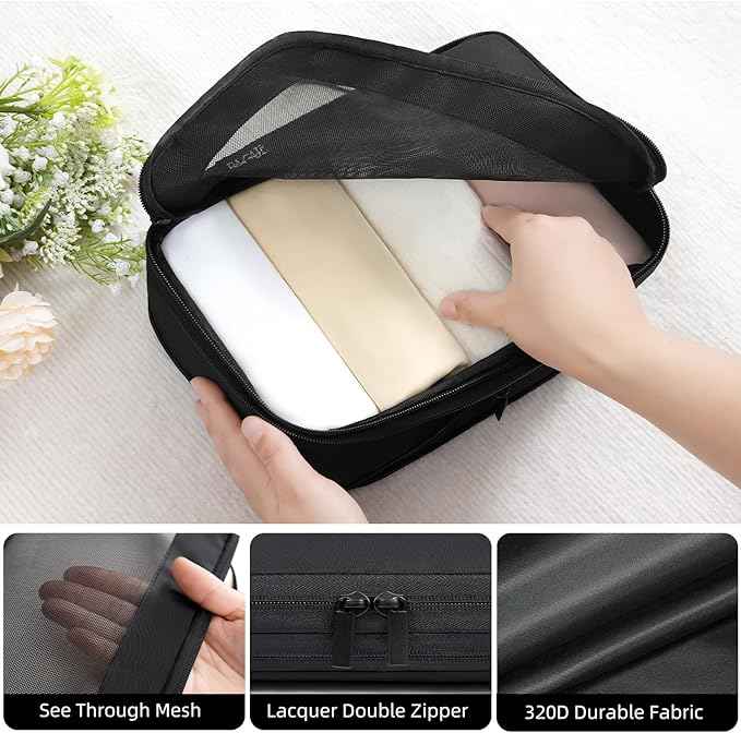 BAGAIL 4 Set/6 Set/8 Set Compression Packing Cubes Travel Accessories Expandable Packing Organizers (Square Mesh, 05-Jet Black)