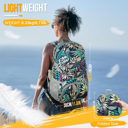 ZOMAKE Lightweight Packable Backpack 35L, Light Foldable Backpacks Water Resistant Collapsible Hiking Bag, Compact Folding Day Pack for Travel Camping(Mixed Color-Leaves) - Roamly