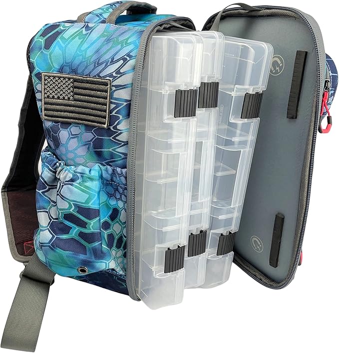 EGO Kryptek Tactical Tackle Box Backpack, Durable Fishing Tool Bag, 1000D Nylon Fabric with PVC Back, Water-Resistant, Multiple Storage Pockets, Laser-Cut Molle Loops, Includes 4 Tackle Trays