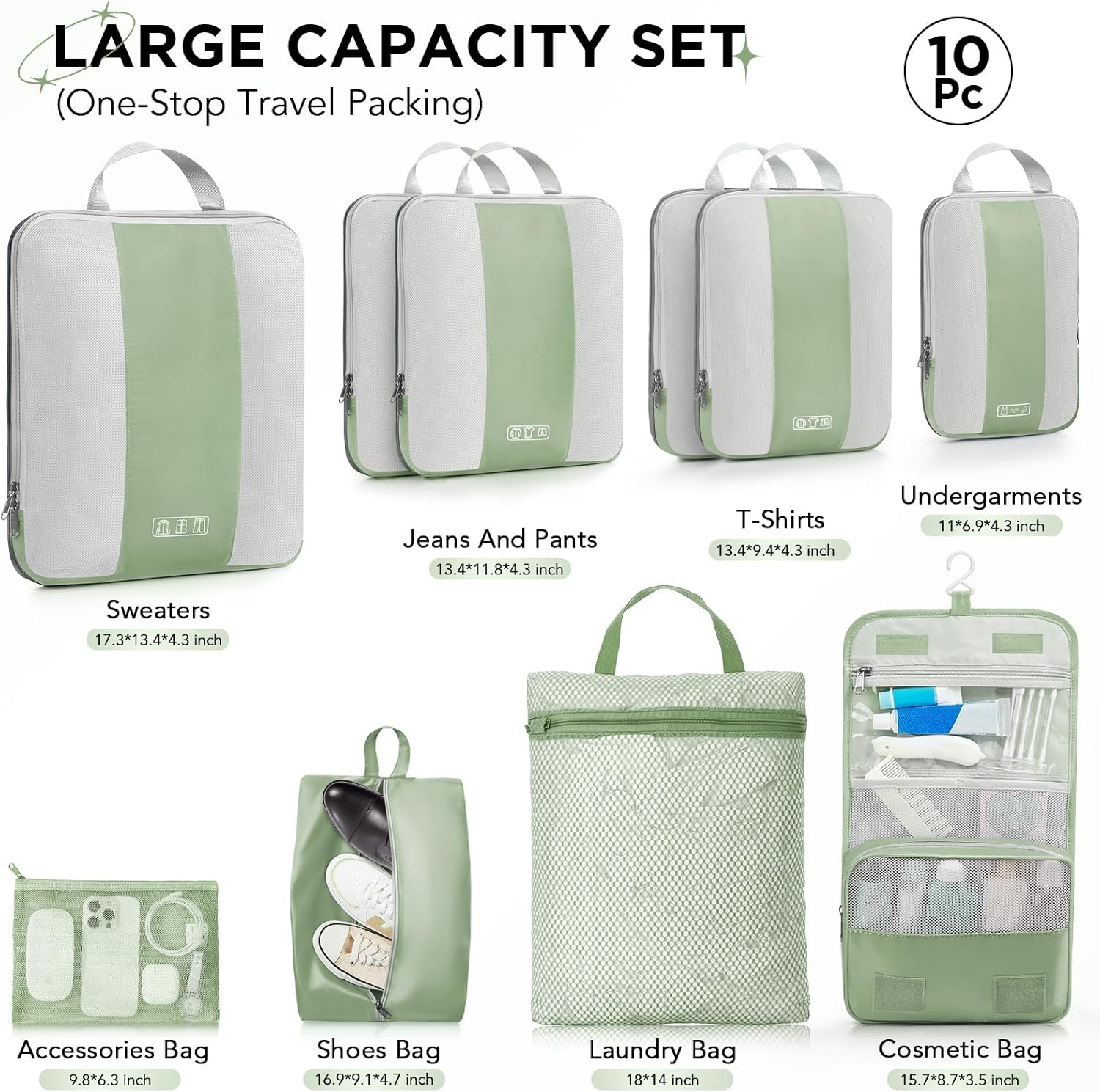 10 Set Compression Packing Cubes for Travel Essentials,Compressible Expandable Packing Cubes for Suitcase,OlarHike Luggage Organizer Bags for Travel,Handy Helper for Organizing Clothes(Matcha Green) - Roamly