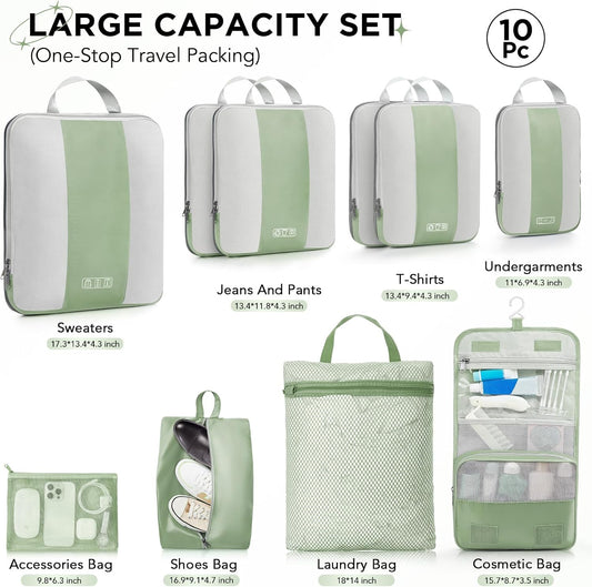 10 Set Compression Packing Cubes for Travel Essentials,Compressible Expandable Packing Cubes for Suitcase,OlarHike Luggage Organizer Bags for Travel,Handy Helper for Organizing Clothes(Matcha Green) - Roamly