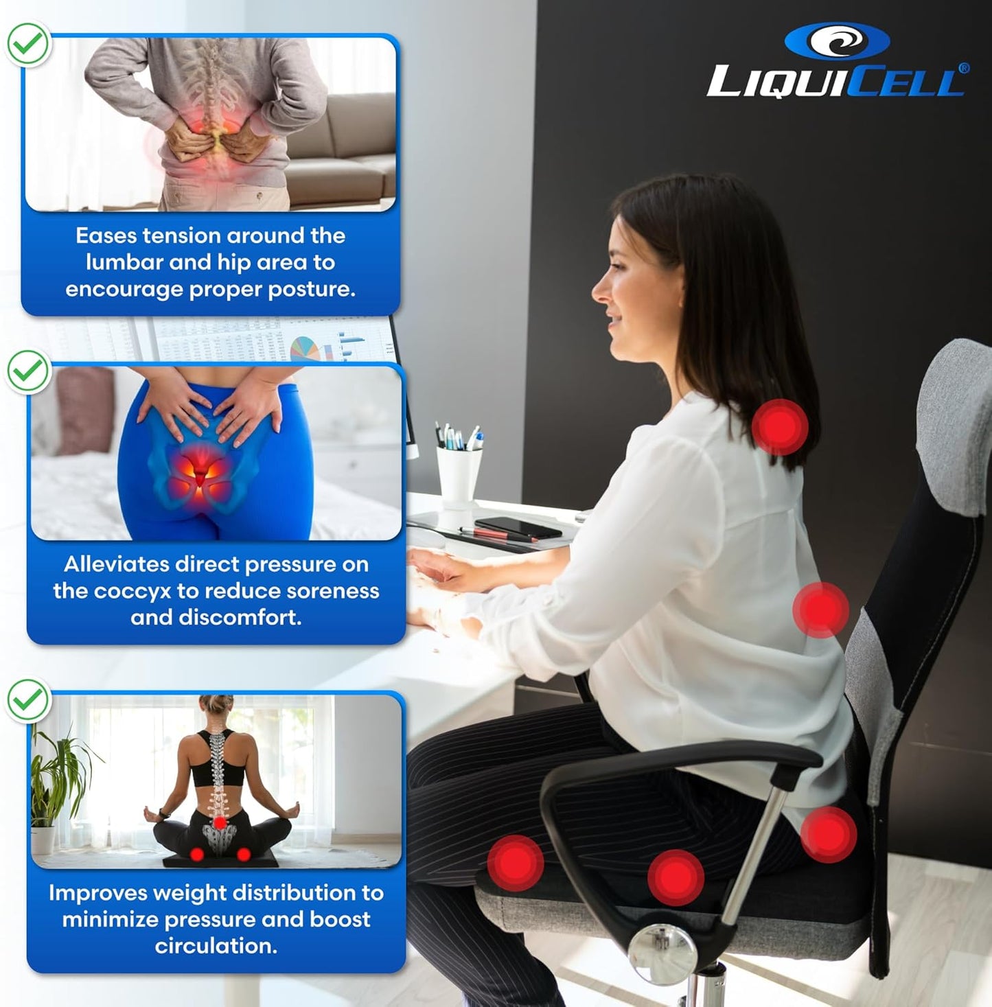 LiquiCell Coccyx Seat Cushion, Aid for Tailbone Pain Relief, Sciatica Pain, Back Support | Donut Like Butt Pillow for Long Hours Sitting at Home/Office Chair (18W x 17L x 2.5H)