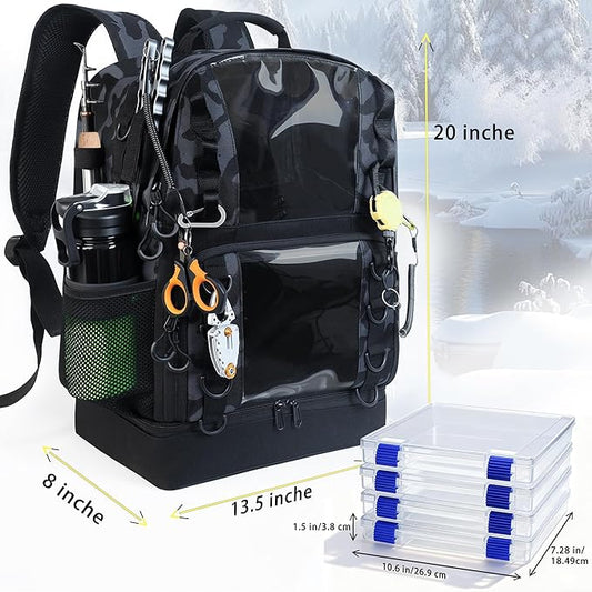 Fishing Tackle Backpack with 4 Tackle Boxes,45L Large Tackle Bag with 2 Rod Holders & Clear Window,Outdoor Fishing Backpack for Fishing,Camping, Hiking,Camouflage