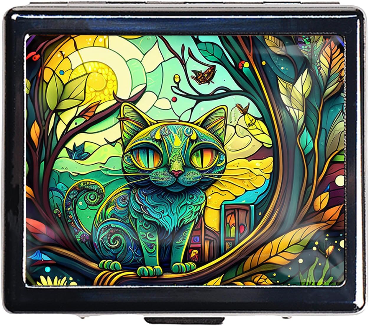 Silver Vintage Pill Box 7 Day Metal Pill Box with Mirror and 8 Compartments Cute Travel Pill Organizer for Purse (Stained Glass Cat)