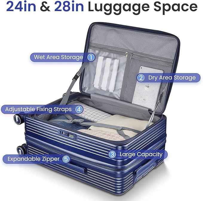 3 Piece Luggage Set 100% PC Hardshell, Front Opening Expandable Suitcase (20/24/28) with Laptop Compartment & Free Custom PVC Covers, Lightweight Spinner Wheels TSA Lock (Navy Blue)