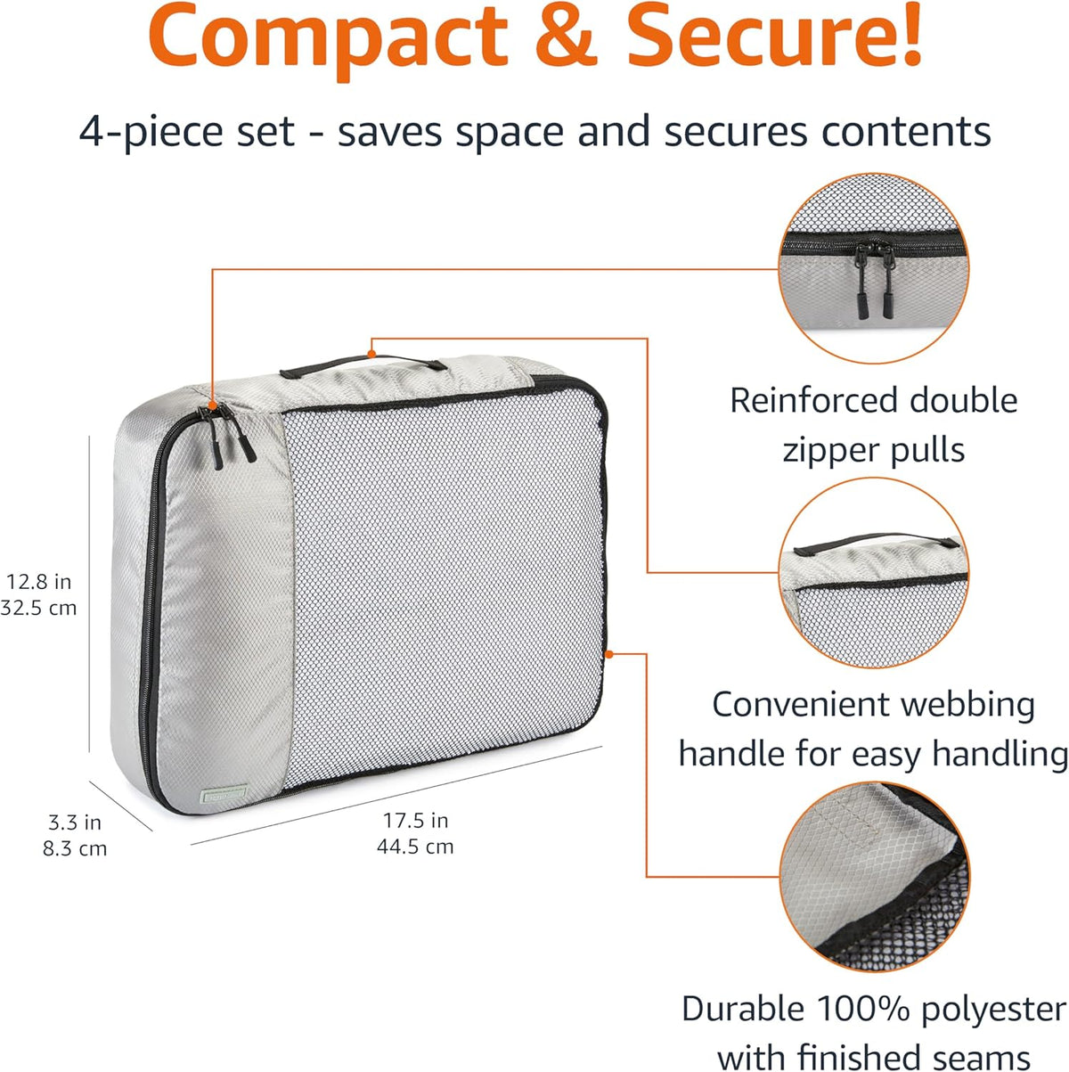 Amazon Basics 4 Piece Packing Cubes Travel Organizer Set with Double Zipper, Mesh Top, Large, Gray - Roamly