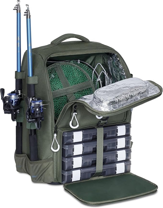Fishing Backpack with Tackle Boxes and Rod Holders 40L; Plus Rain Cover, Padded Back Support, Insulated Front Pocket for Hot/Cold Lunch, Water Bottle Holder(Army Green)