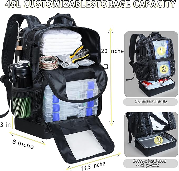 Fishing Tackle Backpack with Cooler,45L Large Tackle Bag with 2 Rod Holders & Clear Window,Outdoor Fishing Backpack for Fishing,Camping, Hiking,Camouflage