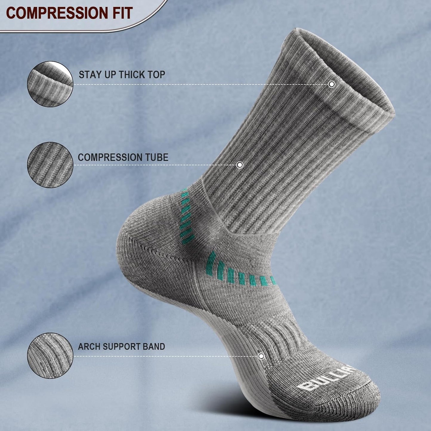 BULLIANT Compression Socks for Men 6Pairs, Athletic Crew Socks Cushioned For Men Sports Running-Arch Support