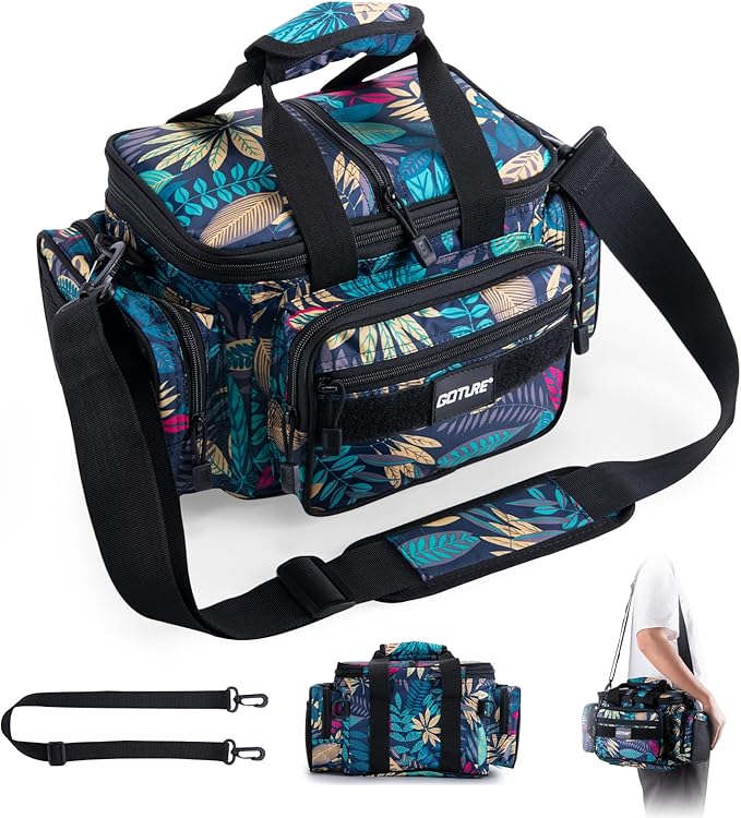 Goture Fishing Tackle Bag, 600D Water-Resistant Soft Side Crossbody Sling Bag for Men & Women,Small Gear Storage Tactical Bags for Saltwater & Freshwater,Fits 3 3600 Tackle Boxes(Not Included)