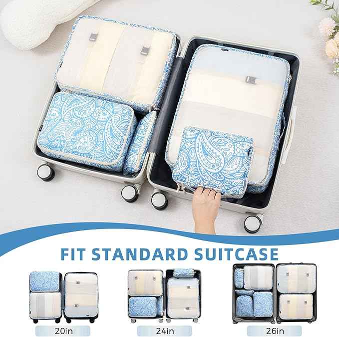 BAGAIL 8 Set Packing Cubes Luggage Packing Organizer Bags for Travel Accessories-Blue paisley