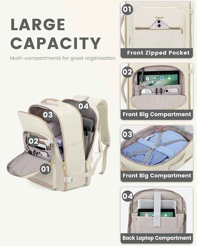 LOVEVOOK Travel Backpack for Women & Men 40L,Airline Approved Carry On Backpack Travel Essential,TSA Carry on Luggage,Waterproof Personal Item Travel Bag,Suitcase with 3 Packing Cube,Beige-Flesh beige