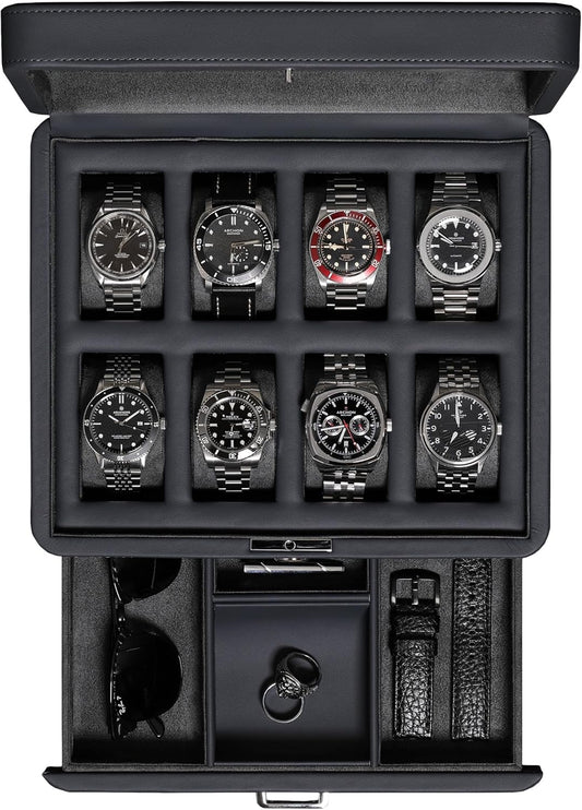 ROTHWELL 8 Slot Leather Watch Box with Valet Drawer - Luxury Case Display Jewelry Organizer, Locking Display Case Holder with Real Glass Top - Watch Box Organizer for Men & Women (Carbon)