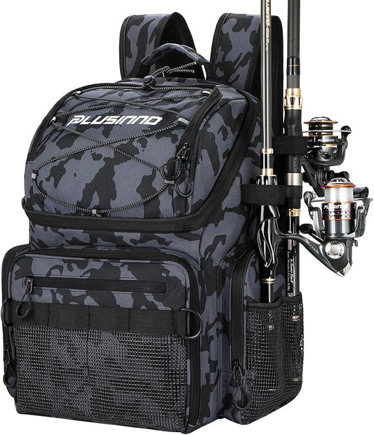 PLUSINNO Cooler Fishing Backpack with Rod Holders 45L Large Water-resistant Fishing Tackle bag Store Fishing Gear Fishing Gifts for Men Father, Sport Bags