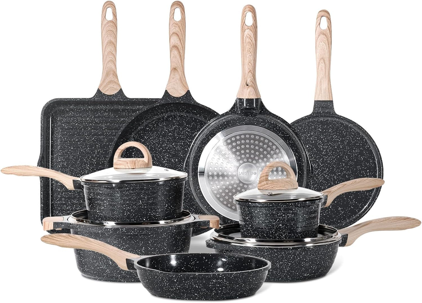 JEETEE 24Pcs Ceramic Cookware Set, Gray Pots and Pans Set Non Stick, Kitchen Healthy Non Toxic Induction Cookware Sets W/Saucepans, Sauté Pan, Griddle, Crepe Pan & Pancake Rake (PFAS,PFOA Free)