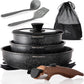 Kitchen Academy Removable Handle Induction Pots and Pans Set - 10 Piece Non-stick Cookware Sets, Black Granite Stackable RV Cookware for Camp