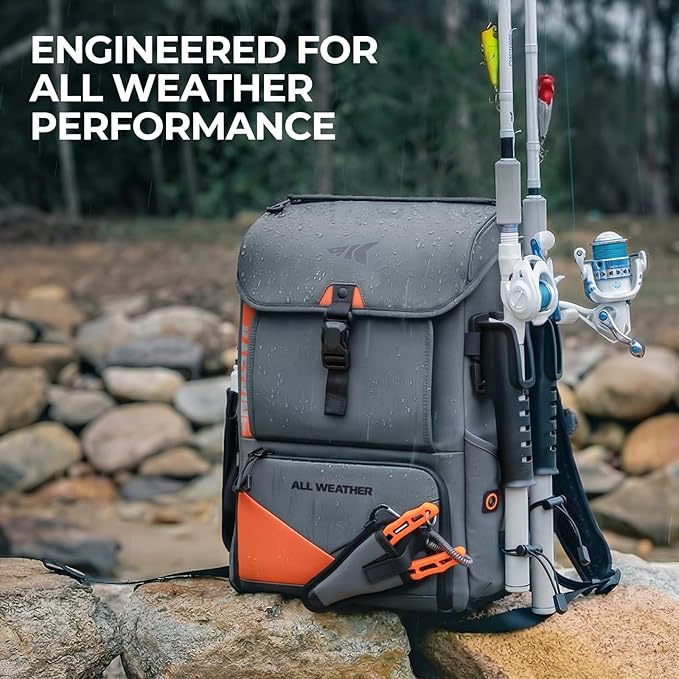 KastKing All Weather Fishing Tackle Backpack with Removable Rod Holders,Waterproof ArmorShield Fabric Fishing Bag Storage Fishing Gear