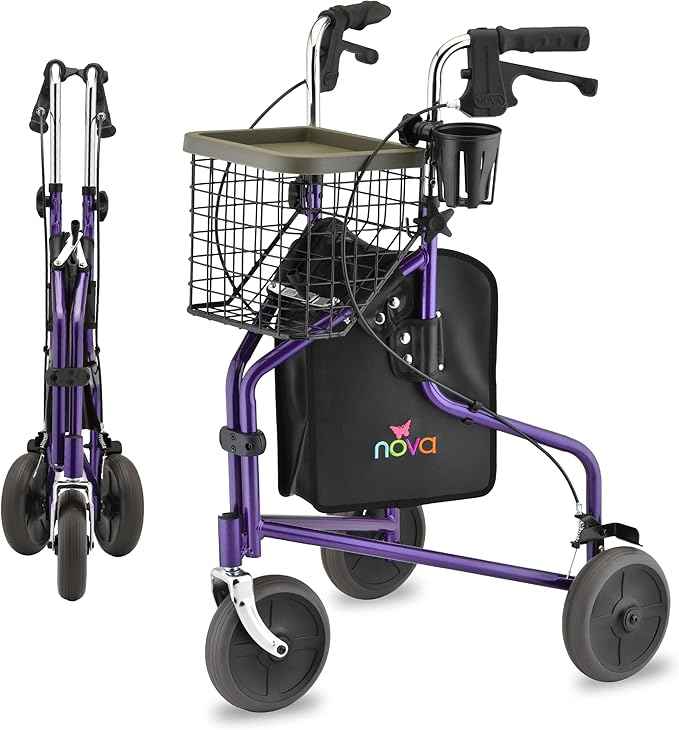 NOVA Traveler Folding 3-Wheel Walker with Tray, Basket, Pouch & Cup Holder, Lightweight Mobility Aid for Seniors & Adults, 8” All-Terrain Wheels for Tight Spaces & Travel, Purple
