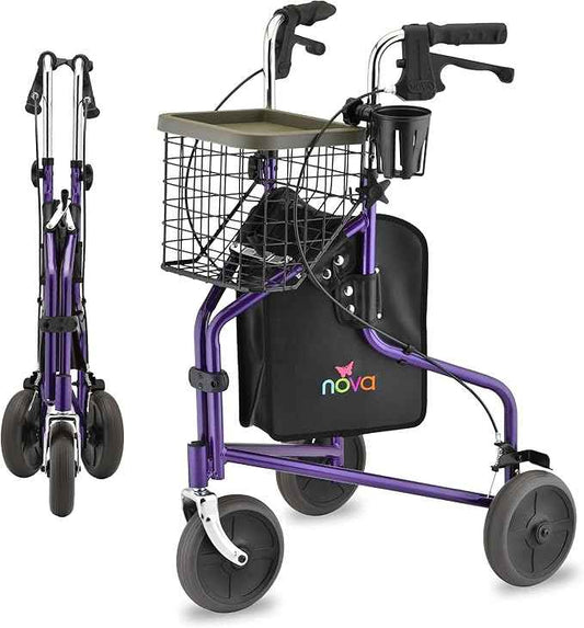 NOVA Traveler Folding 3-Wheel Walker with Tray, Basket, Pouch & Cup Holder, Lightweight Mobility Aid for Seniors & Adults, 8” All-Terrain Wheels for Tight Spaces & Travel, Purple