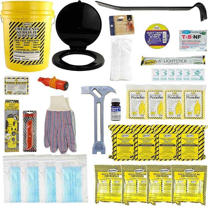 Mayday 13040 Deluxe 4-Person Emergency Honey Bucket Kit – Portable Toilet Survival Bucket with Food, Water, First Aid, Radio & Tools for Home, Work, Auto & Disaster Preparedness