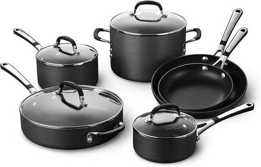 Calphalon 10-Piece Non-Stick Kitchen Cookware Set Black Pots & Pans with Stay-Cool Stainless Steel Handles Hard-Anodized Aluminum for Even Heating