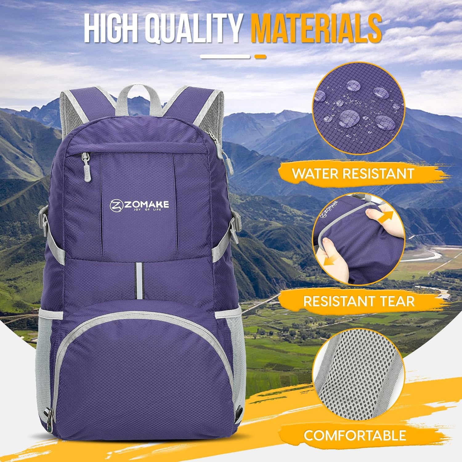 ZOMAKE Lightweight Packable Backpack 35L, Light Foldable Backpacks Water Resistant Collapsible Hiking Bag, Compact Folding Day Pack for Travel Camping(Purple) - Roamly