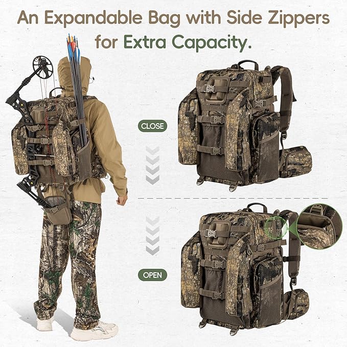 BLISSWILL Upgraded Hunting Backpack,With Padded Weapon Compartment for Bow Rifle，For Deer and Elk Hunting，Hunting bag with Rain Cover(Rock Bark)
