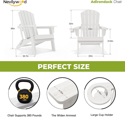 Folding Adirondack Chair, Ergonomic Extended Backrest, HDPE All-Weather, 380lbs Capacity, Maintenance-Free, Cup Holder, （White）- Outdoor Patio & Firepit Chair